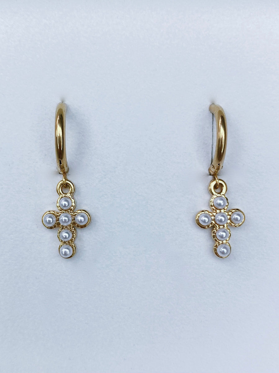 Pearl cross hoop earrings