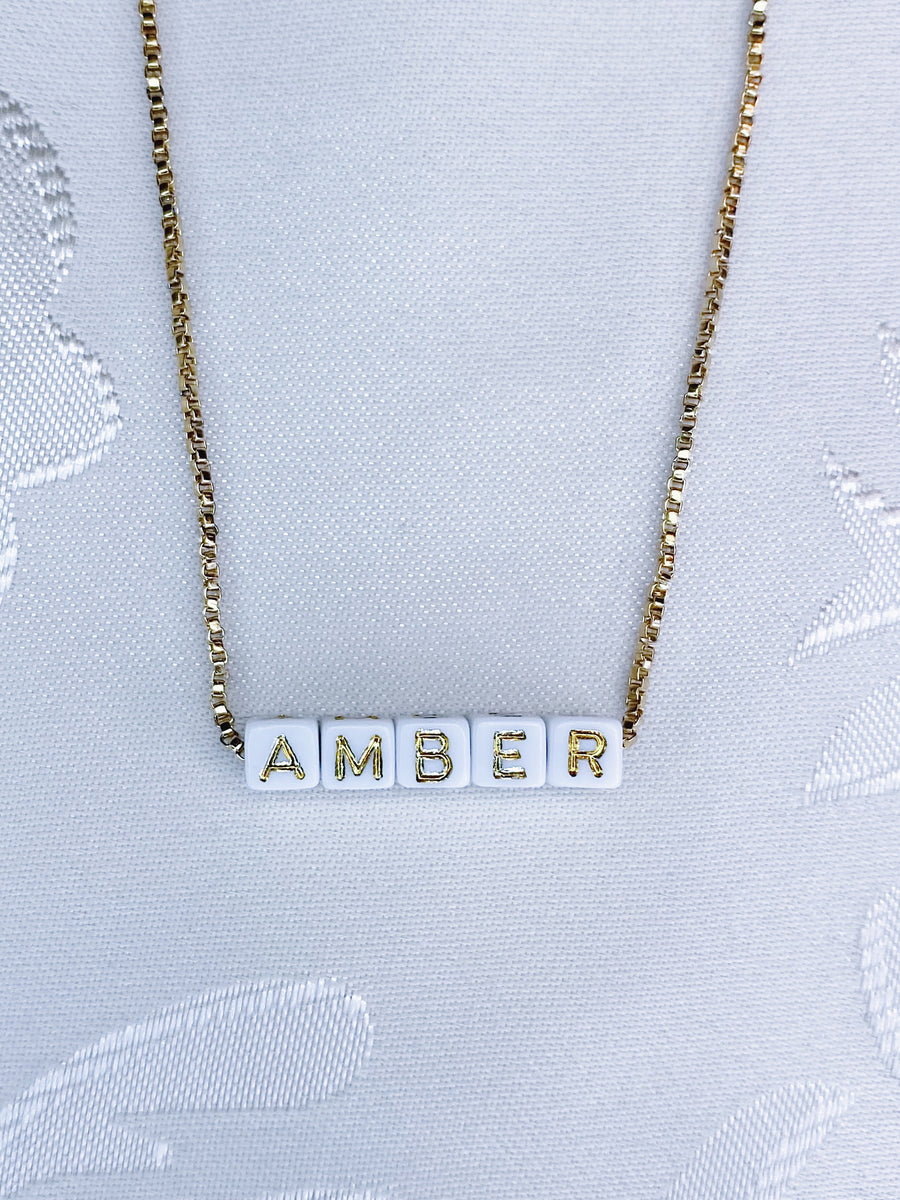 White cubic name necklace