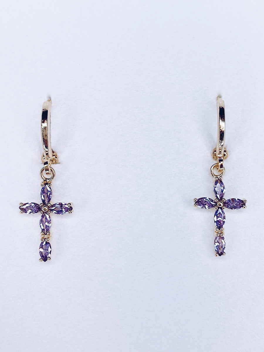 Sparkling purple cross earrings
